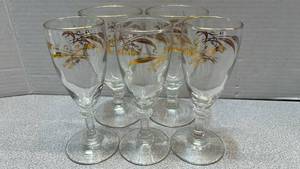 lot 7811 image: Set of 5 Glass Goblets with Gold Trim and Botanical Decoration