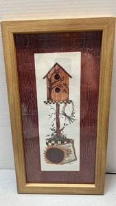 lot 7836 image: Framed Folk Art Print Birdhouse Wildflower Seeds Illustration