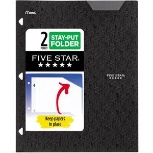 lot 7264 image: 2 pack Five Star 2-Pocket Folder, Plastic Folder with Stay-Put Tabs, Fits 3-Ring Binder, Holds 8-12 x 11 Paper, Black (333420G-ECM)