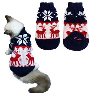 lot 7470 image: Vehomy Pet Puppy Christmas Sweater - Cat Winter Knitwear Xmas Clothes Navy Blue With Reindeers Snowflakes Pattern - Warm Argyle Coat for Kittens Small Dogs Cats S