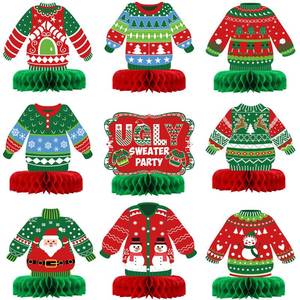 lot 7471 image: 9 Pieces Christmas Ugly Sweater Party Decorations Ugly Sweater Party 3D Tables Topper Xmas Table Honeycomb Centerpieces Ugly Sweater Christmas Ugly Cutouts Centerpieces for Winter Holiday Supplies