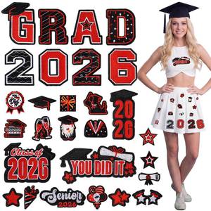 lot 7555 image: Tigeen 64 Pcs Graduation Iron on Patches Class of 2026 Embroidered Patches Grad Senior Letter Heat Transfer Sew on Applique Decals for Lei, Stole, Caps, Clothes, Jacket, Jeans(Red and Black)
