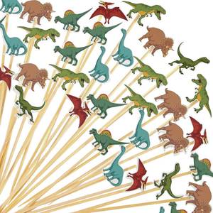 lot 7556 image: Meanplan Dinosaur Cocktail Picks Dino Appetizers Picks Dino Party Toothpicks Bamboo Food Cupcake Toppers for Birthday Party Baby Shower Drink Fruit Dessert Cake Decoration(100 pieces)