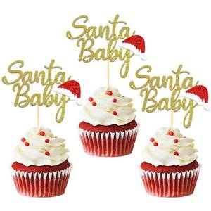 lot 7569 image: 24pcs Glitter Christmas Santa Baby Cupcake Toppers, Christmas Hat Cupake toppers First Cake Decorations for Baby Shower Birthday Party Supplies (Baby B)