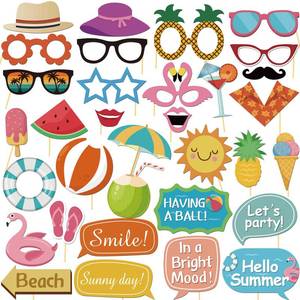 lot 7855 image: 33 Pcs Hello Summer Photo Props Kit, Hawaii Luau Tropical Tiki Beach Summer Pool Men Women Girl Boy Kids Teens Cutouts Birthday Party Celebration Decorations Photography Props