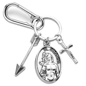 lot 7856 image: Fiwochic Saint Sebastian Keychain for Men, Medal with Arrow and Cross Charm