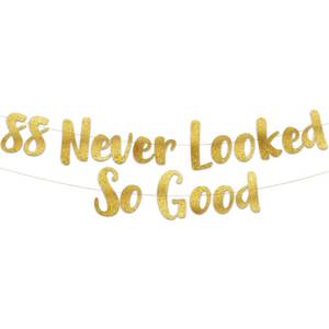 lot 7867 image: Pre-Strung 88 Never Looked So Good Gold Glitter Banner - 88th Birthday and Anniversary Decorations for Men and Women - Party Supplies and Gifts