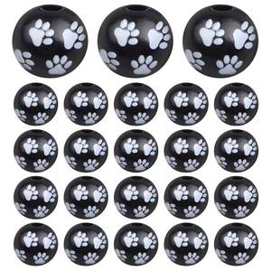 lot 7870 image: 100pcs 16mm Dog Paw Print Wooden Round Cute Puppy Footprint Spacer Beads - Black and White Handmade for DIY Jewelry Making, Garlands, Party Decor