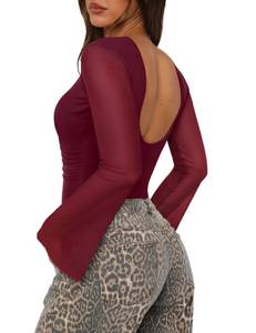 lot 7900 image: SAUNGKUAI Womens Bodysuits Backless Bell Sleeve Mesh Ruched Bodysuit Boat Neck Open Back Going Out Tops Wine Red M - Retail $20