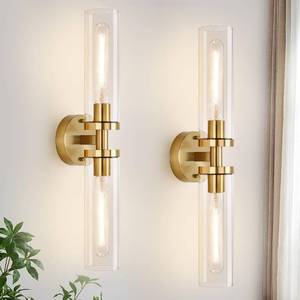 lot 18876 image: Wall Sconces Set of Two, Hardwired Brushed Gold Bathroom Sconces Wall Lighting with Clear Glass, Modern Sconces Wall Decor Set of 2 Bathroom Light fixtures for Mirror Hallway (Bulbs Not Included) - Retail $100