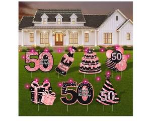 lot 18902 image: 50th Birthday Decorations for Women - 7 Pcs Birthday Yard Signs with Stakes, LED Lights & Double-Sided Tape  Happy 50th Decor  OutdoorIndoor Party Favors, Photo Props & Lawn Decorations - Retail $25
