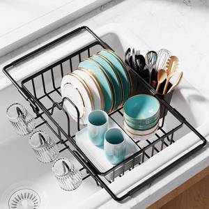 lot 18907 image: Sakugi Dish Drying Rack in Sink - Expandable Stainless Steel Dish Rack Over the Sink, Kitchen Sink Drain Strainer with Cutlery Holder & Cup Holders, 15.4 x 9.8 x 3.0 Inch, Black - Retail $20