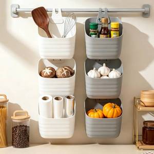 lot 18908 image: Noamus 6 Pack Plastic Hanging Basket for Kitchen, Over Cabinet Door Organizer with Removable Hook, Stackable Wall Mounted Storage Shower Caddy, No Drilling Shelf Bins for Food Bathroom Pantry Closet - Retail $22