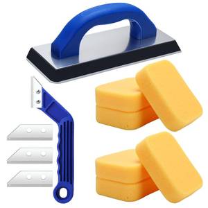 lot 18914 image: Blulu 11 Pcs Grout Float Sets Include 9.5 x 4 Inch Molded Rubber Grout Float, 6 Sponge, Angled Tile Saw with 3 Blades Replacement, Removal Tool for Masonry Stucco Drywall Concrete (Blue) - Retail $22