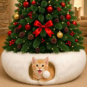 lot 18923 image: Hollowfly Christmas Cat Bed Tunnel 3ft x 3ft x 9.8in Under Tree Cat Donut Tunnels for Indoor Kittens Xmas Winter Plush Peekaboo Cave Toy Collapsible 3 Way for Small Kitty(Fluffy) - Retail $38