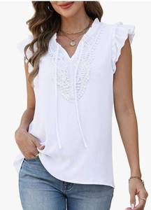 lot 18929 image: CiCiBird Boho Tops for Women Dressy Casual V Neck Blouses Summer Ruffle Short Sleeve Shirts White XL STYLE MAY VARY