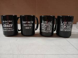 lot 18946 image: Set of 4 Black Coffee Mugs with Funny Text