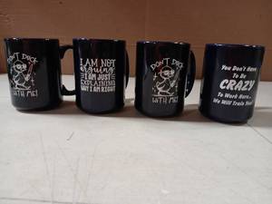 lot 18947 image: Set of 4 Dark Blue Coffee Cups with Humorous Text Graphics