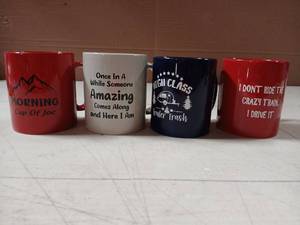 lot 18949 image: Set of 4 Ceramic Mugs with Text Designs Red, White, Blue