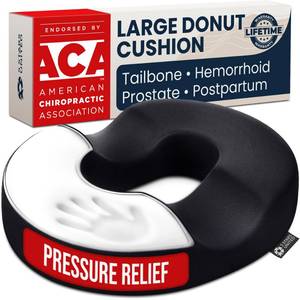 lot 18982 image: 5 STARS UNITED Donut Pillow for Tailbone Pain & Hemorrhoids - Large Memory Foam Floor Cushion for Pressure Relief -  Prostate, Postpartum & Pregnancy Support, Black Mesh Cover - Retail $35