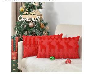 lot 60028 image: Snycler Christmas Pillow Covers 12x20 Inch Set of 2 Soft Plush Faux Fur Christmas Elk Decorative Luxury Jacquard Throw Pillows Pillowcases for Couch Sofa Holiday Festivals Home Decor, Red