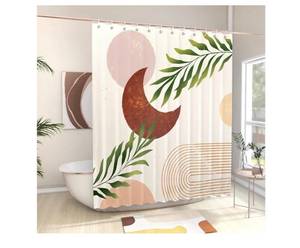 lot 60030 image: EOSAHR Boho Shower Curtain Set with 12 Hooks - Lightweight Polyester Bathroom Curtain, Machine Washable, Quick Dry - Moon & Leaf Abstract Art Design 71x71 (Neutral Tones)
