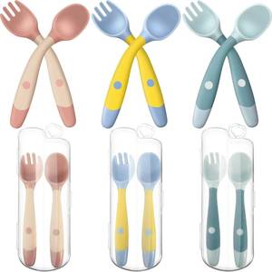 lot 60040 image: Toddler Utensils Baby Spoons and Forks Set with Case Bendable Self Feeding Training Flatware Silicone Spoon Fork for Kids Babies Children Handle Toddler Set, Green, Pink, Yellow (3 Sets)