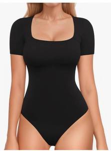 lot 60050 image: Gray MANGOPOP Women Short Sleeve Bodysuit Double Lined Square Neck TopSlim Fit Body Suits, Casual T Shirts, Going Out Tops, Summer Trendy Outfits, Daily & Vacation, Fashion Clothes -Sm