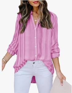 lot 60061 image: Mutitop Womens Button Down Shirts Striped Dress Shirts Long Sleeve Textured Blouse Collared Work Office Top Casual Tunic - Hot Pink Strip XL - Retail $26