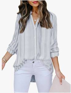 lot 60062 image: Mutitop Womens Button Down Shirts Striped Dress Shirts Long Sleeve Textured Blouse Collared Work Office Top Casual Tunic - Grey Strip XL - Retail $26