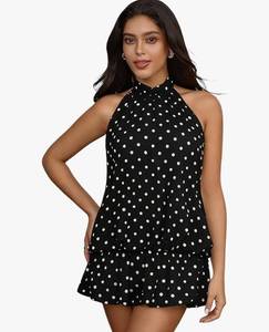 lot 60064 image: Floerns Women Backless Sleeveless Ruffle Bubble Hem Mesh Halter Mini DressTie Open Back, Drop Ruched Waist, Ruffle Bubble Hem, Loose Fit, Chiffon Halter Dress -Med - Retail $41