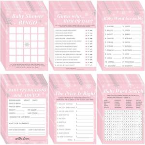 lot 60080 image: Harloon 302 Pcs Winter Snowflake Baby Shower Games, 6 Games, 50 Sheets Each, Baby Shower, Word Scramble, Word Search, Predictions and Advice(Pink) - Retail $20