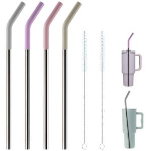 lot 60082 image: Replacement Straws for 40oz Tumblers,Metal Straws Reusable Compatible with Stanley 40oz Cup, 40 oz Tumbler Straw,4 Pack 12 Extra Long,3 Wide, Stainless Steel Straws with Silicone Tips and Brush