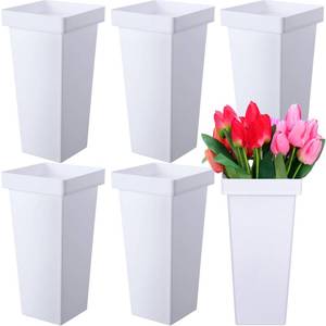 lot 18984 image: Beeveer 6 Pcs Flower Buckets 13.4 Inch Plastic Floral Bucket for Cut Flowers Modern Square Vases for Centerpieces Display Decorative Plastic Vases for Table Home Wedding Decorations (White) - Retail $40