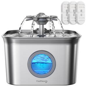lot 19031 image: Stainless Steel Cat Water Fountain, 2.8L with 20dB Ultra-Quiet Pump- Ideal for Timid Pets, LED Water Level Window, Dishwasher Safe, 247 Circulation- Includes 3 Replacement Filters - Retail $25
