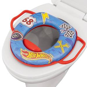 lot 60104 image: Hot Wheels Soft Potty Training Seat for Toilet with Storage Hook, Non-Slip Potty Ring with Splash Guard, Built-in Handles for Toddlers - Retail $17