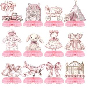lot 60107 image: Seenelling 12 Pcs Pink Toile Baby Shower Decor De Jouy French Honeycomb Centerpieces Decorations Vintage Watercolor Floral Chinoiserie Table Centerpieces Decor for Baby Shower Birthday Party Supplies - Retail $10