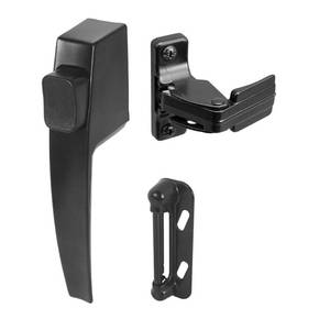 lot 60112 image: Prime-Line K 5007 Screen and Storm Door Push Button Latch Set With Night Lock, Fits Doors 58 �� 1-14 In. Thick, Black Finish (Single Pack) - Retail $8