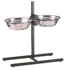 lot 19109 image: Adjustable 5-Quart Double Wrought Iron Chew Free Stainless Steel Dog Cat Pet Diner Food Water Bowls - Retail $30