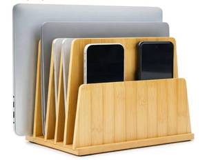 lot 19115 image: Unittype Bamboo Multi Device Organizer, 5 Slots Vertical Laptop Storage Rack, Computer Charging Station for Smartphones, Tablets and Laptops, Space Saving Organizer for Home Office - Retail $29