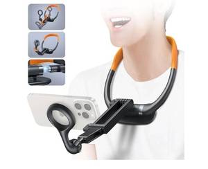 lot 19129 image: Orange Magnetic Neck Phone Holder - Hand Free Chest Stand for iPhone 12-16 Series, POVVlog Video Recording & Filming - Retail $20