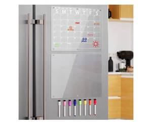 lot 19151 image: Neatsure Acrylic Magnetic Dry Erase Board Calendar for Fridge, Clear Monthly Planner and Memo Whiteboard for Refrigerator, w 8 Colors Markers, 15 x 11 - Retail $20