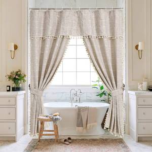 lot 19156 image: Boho Farmhouse Classic Plaid Double Swag Tassel Shower Curtain Tan,72x72 - Retail $49