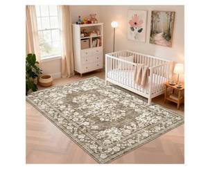 lot 19169 image: GarveeHome 5x7 Washable Rug for Bedroom Vintage Bordered CarpetsNon-Slip Low Pile Botanical Accent Mats Vintage Flower Throw Floor Cover Floral Rugs for Living Room Dining Room Brown - Retail $60
