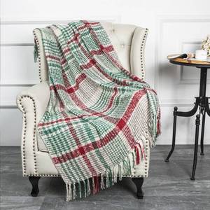 lot 19172 image: G Lake Green Red Plaid Blanket Throw Acrylic Soft Reversible Dyed Fringed Bed Blanket for Christmas Indoor Decorations 50 W x 67 L -Christmas Color - Retail $28