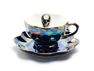 lot 19180 image: Grace Teaware Skull Black Gold Luster Tea Cup and Saucer with Gold Trim BROKEN HANDLE - Retail $39