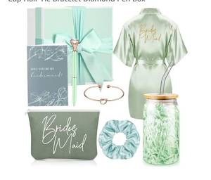 lot 19204 image: FillTouch 54 Pcs Bridesmaid Proposal Gifts, Will You Be My Bridesmaid, Maid of Honor Bride Gifts Include Gift Box Makeup Bag Invited Card Glass Cup Lip Balm Scrunchie Knotted Bracelet(Green, White) - Retail $25