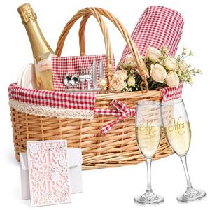 lot 19218 image: Wedding Gift Picnic Basket for 2 with Blanket Cutlery Mr Mrs Glasses - Retail $44