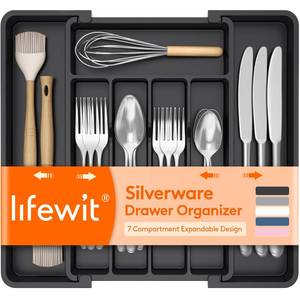 lot 19230 image: Lifewit Expandable Silverware Organizer, Plastic Utensil Tray for Kitchen Drawer, BPA Free Flatware Cutlery Holder, Space-Saving Storage for Spoons Forks Knives, 8-13.8 x 11.2 x 1.4 inch, Black