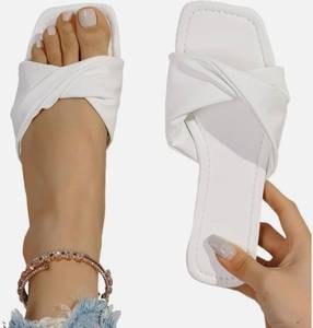 lot 60146 image: Womens White Twist Strap Slide Slippers Square Toe Open Toe Flat Sandals Soft Comfortable Casual Summer Indoor Outdoor House Shoes Size 8
